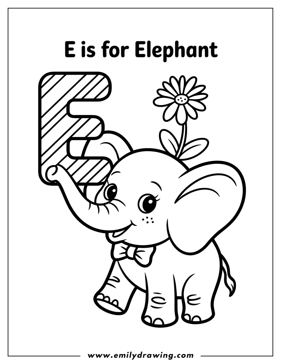 Outline of a baby elephant holding the letter E with its trunk, with a flower on its head.