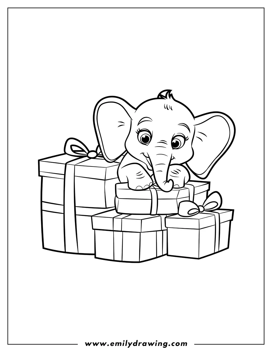 Outline of a baby elephant with three gift-wrapped presents.