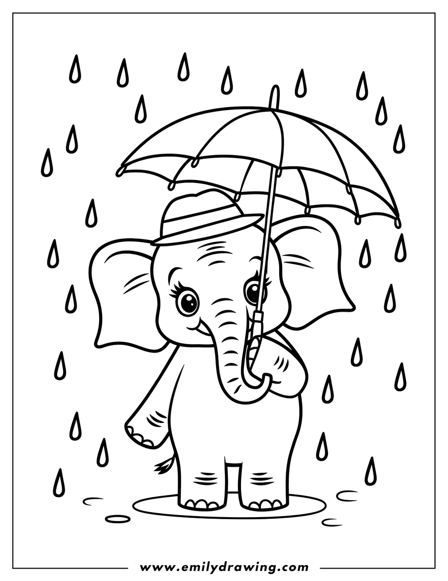 Outline of a baby elephant wearing a hat and holding an umbrella in the rain.