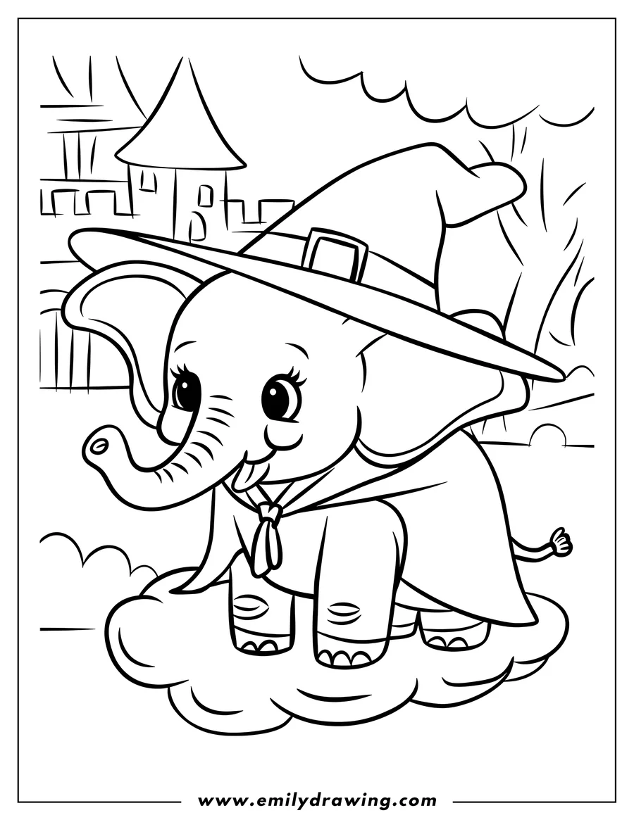 Outline of an elephant wearing a wizard's hat and cape, standing near a castle
