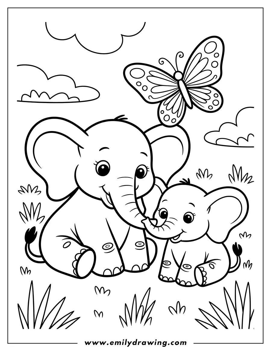 Outline of two elephants, a mother and baby, with a butterfly nearby.