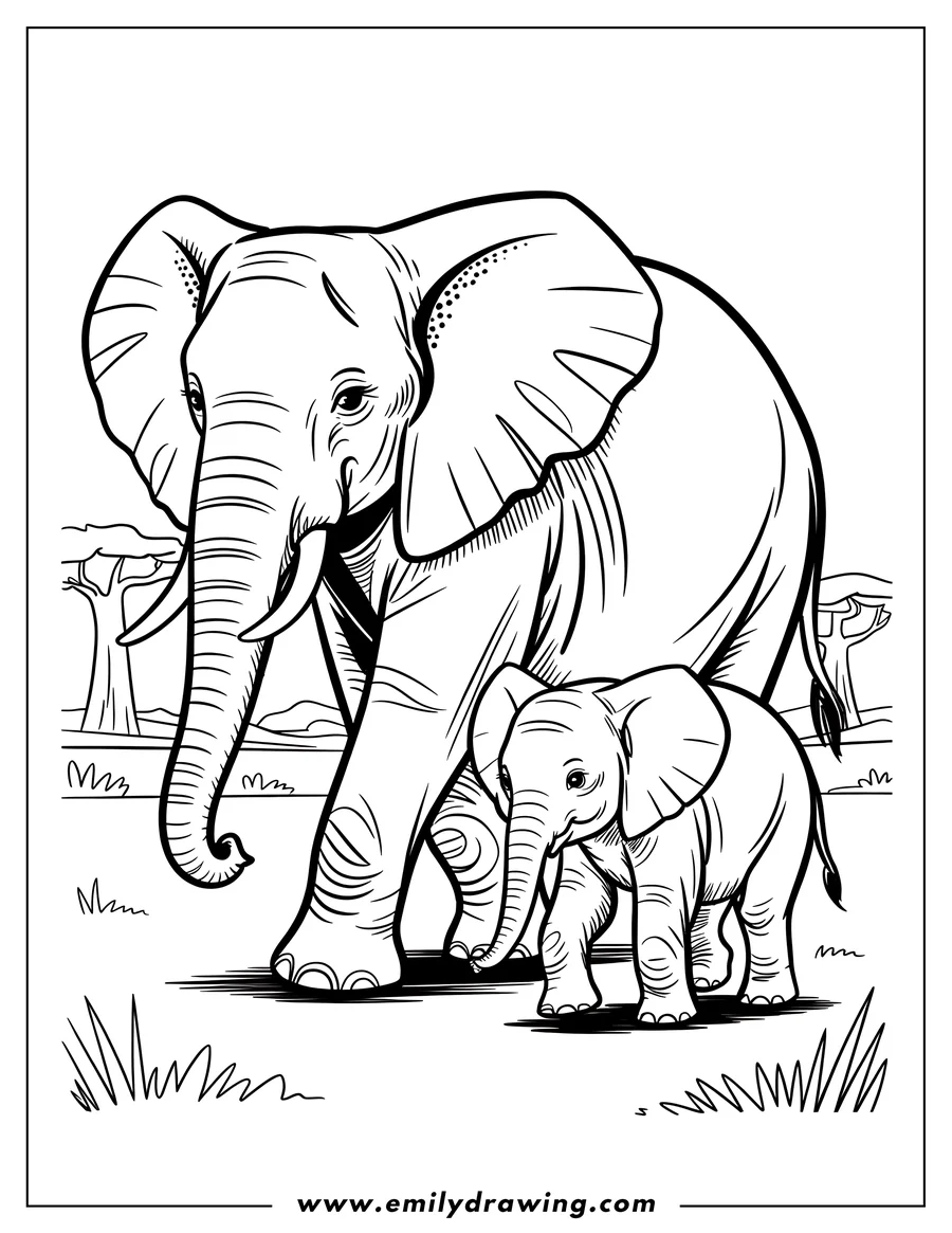 Outline of two elephants, an adult and a calf, walking together in a savanna setting with sparse trees and grass visible.