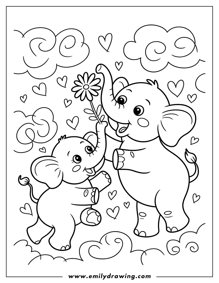 Outline of two elephants, one holding up a flower. Decorative hearts are in the background.