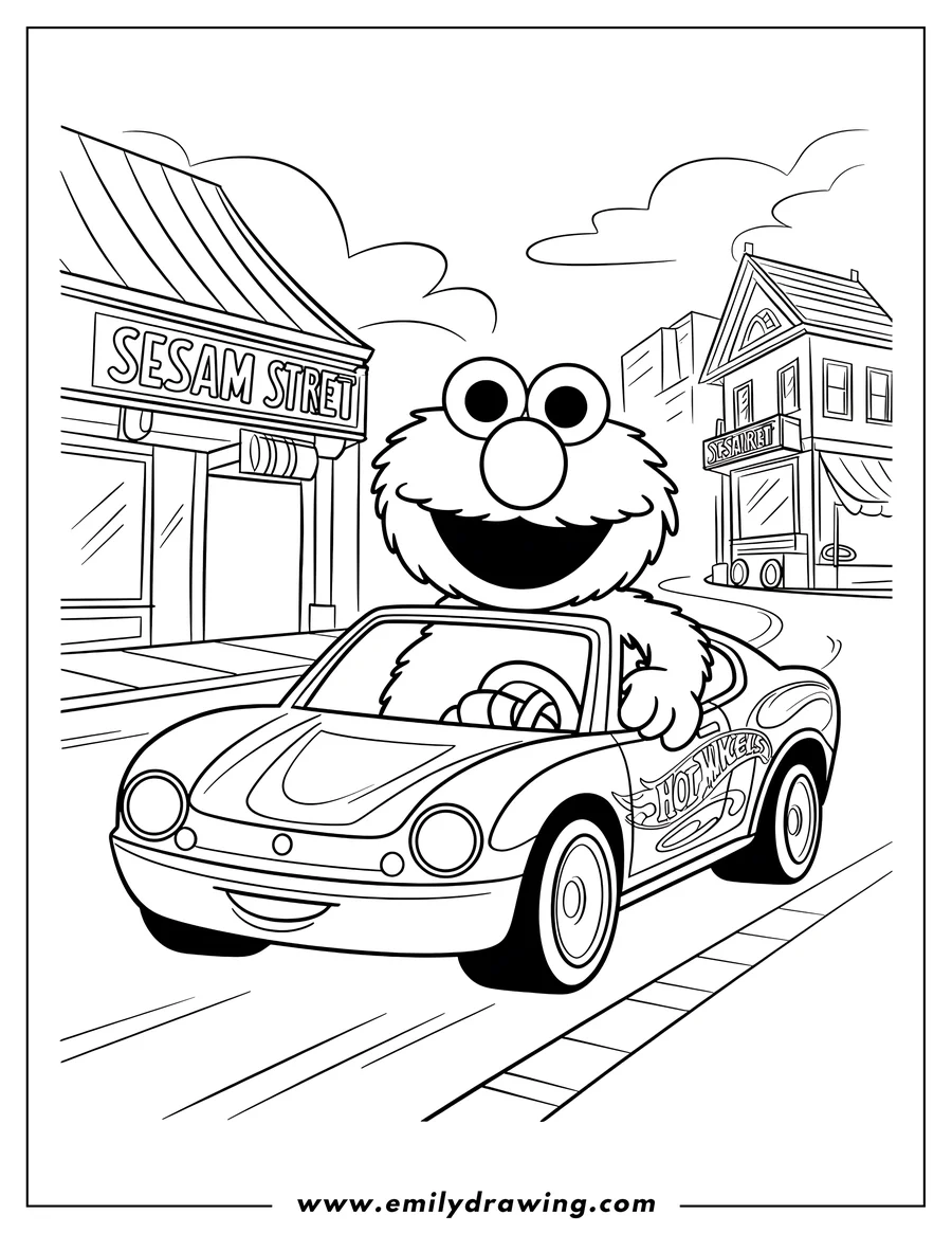 Line art of Elmo from Sesame Street, driving a sports car down a street past Sesame Street buildings.