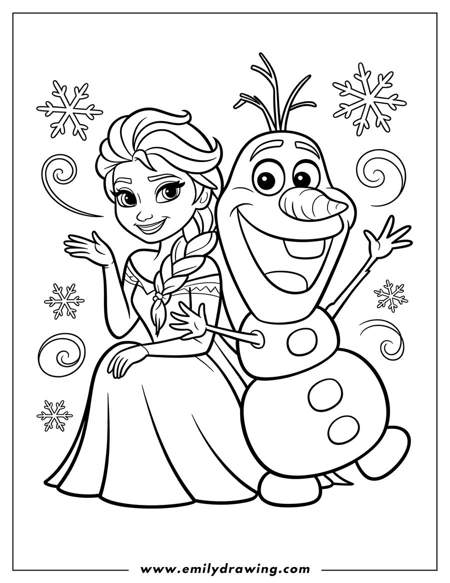 Line art of Elsa and Olaf from Frozen. Elsa is wearing a long dress, and Olaf has his signature carrot nose. Snowflakes decorate the background.