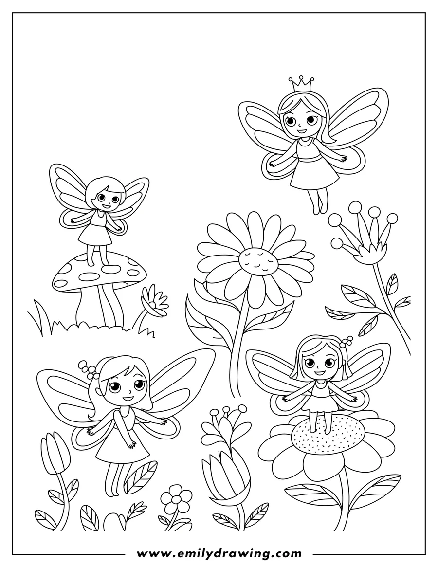 Four fairies surrounded by flowers. One fairy sits on a mushroom, another sits on a flower, and the other two fairies are flying. One of the flying fairies is wearing a crown.