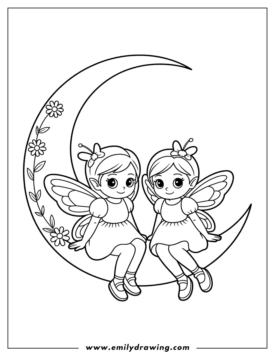 Outline of two fairies sitting on a crescent moon decorated with flowers. Each fairy has small butterfly wings and wears a simple dress.