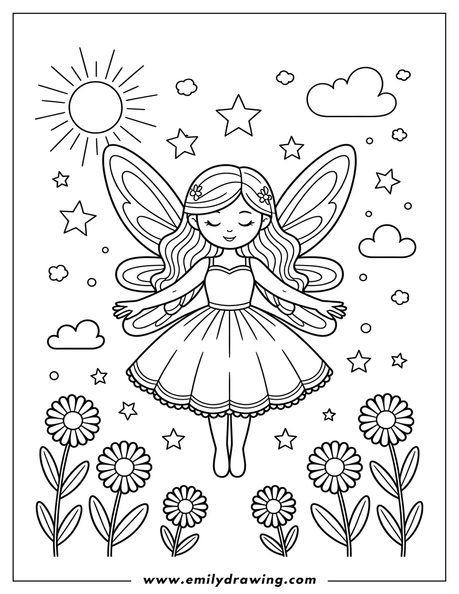 Outline of a fairy with large wings, floating above blooming flowers under a shining sun and stars.