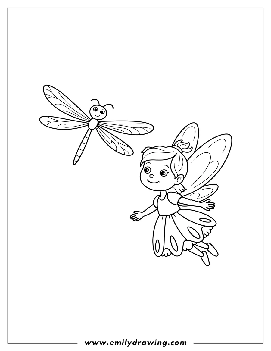 Line art of a fairy with large wings flying near a friendly dragonfly.