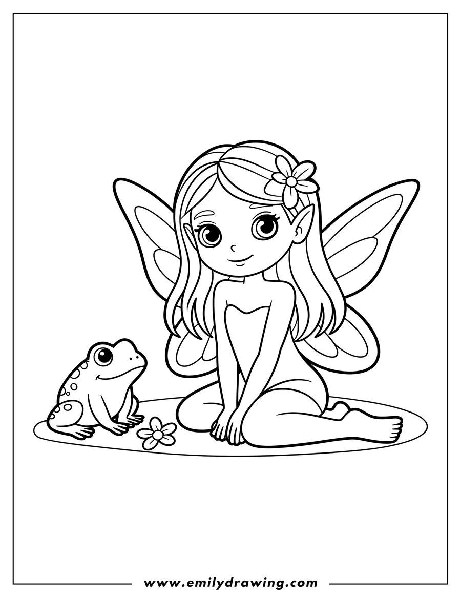 Outline of a fairy with butterfly wings sitting on a leaf next to a small frog.