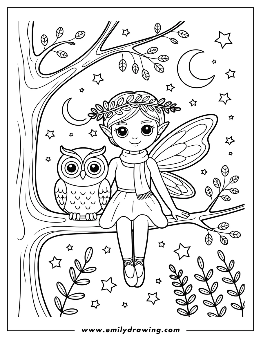 Line art of a fairy with an owl sitting together on a tree branch under a crescent moon and stars.