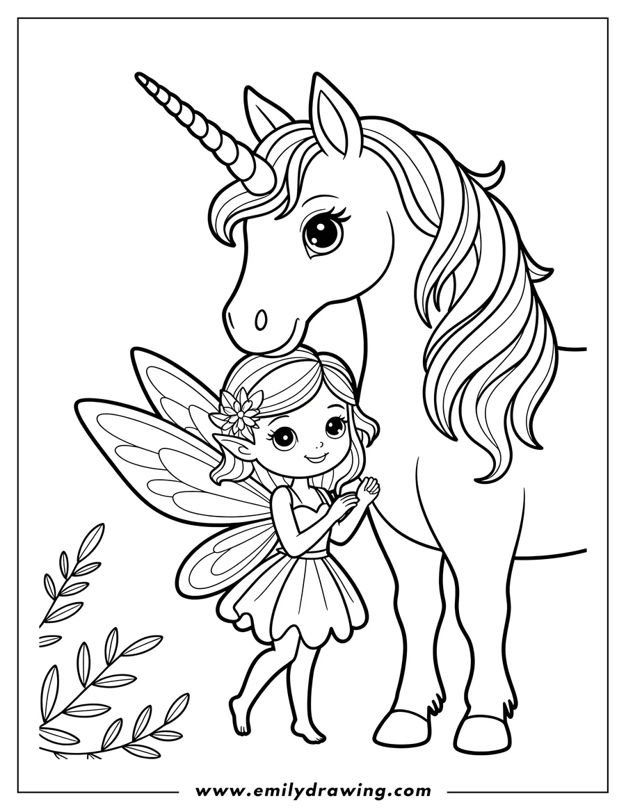 Line art of a fairy with wings and a flower in her hair, standing beside a unicorn.