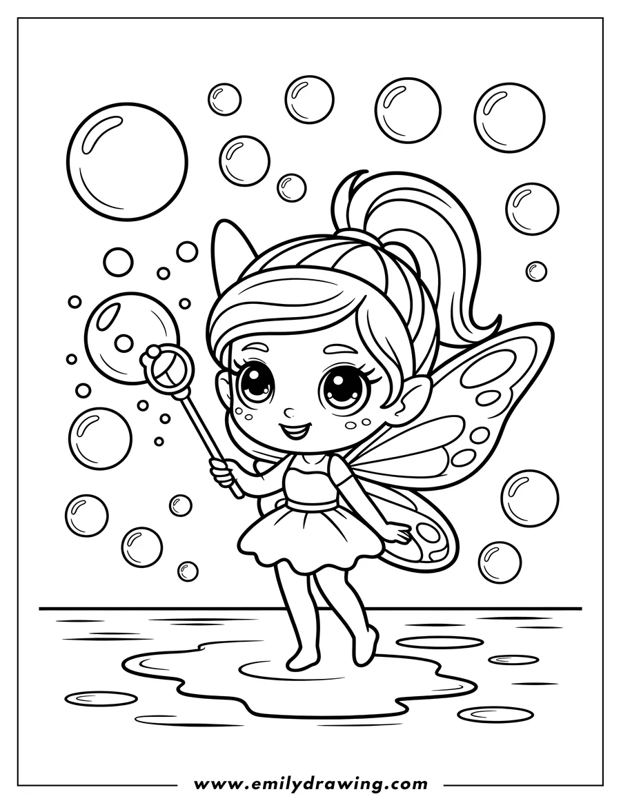 Outline of a fairy with large wings, blowing bubbles with a wand. She is standing in a small puddle.