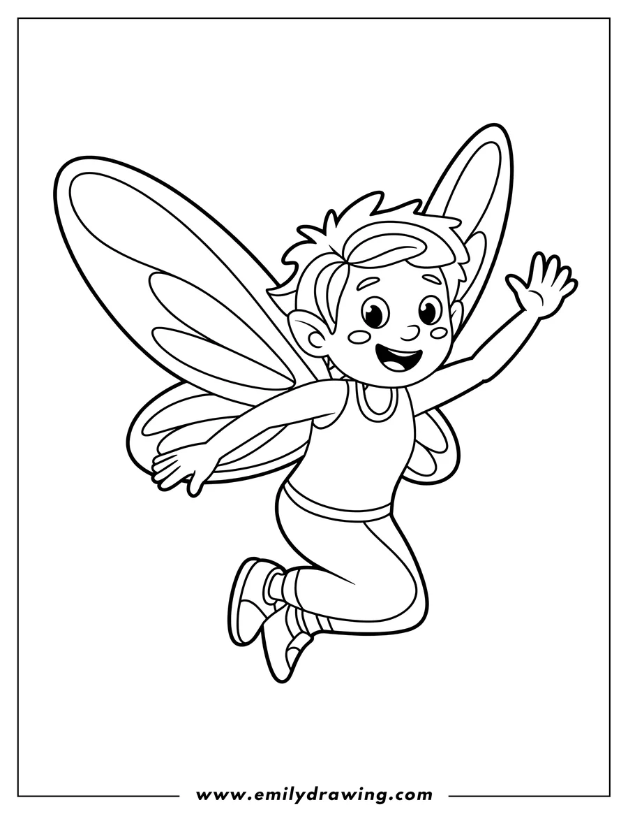 Outline of a cheerful fairy boy flying with large insect-like wings, waving hello.