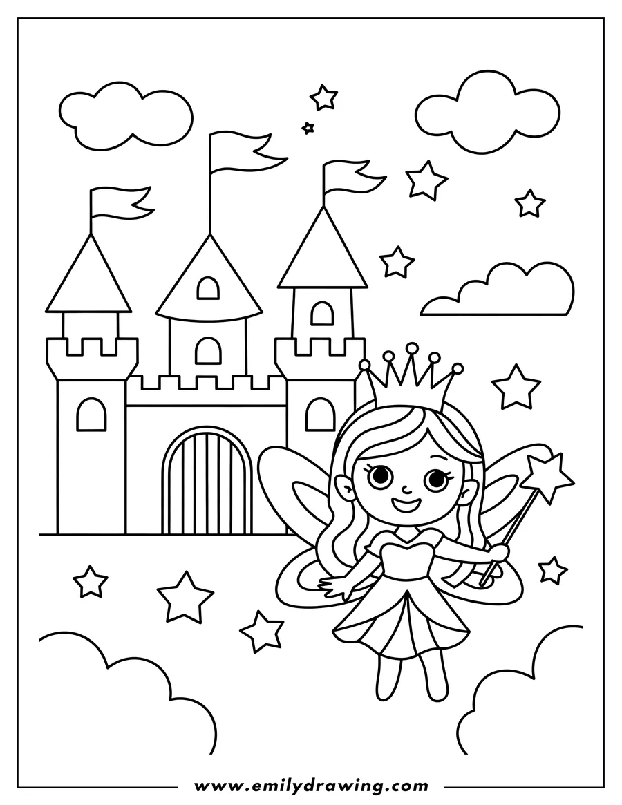 Line art of a fairy with a magic wand and crown, standing near a castle with flags and clouds.