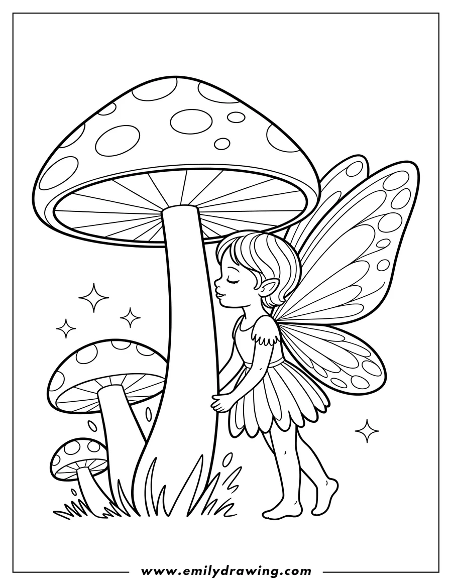 Outline of a fairy with wings standing next to a large mushroom. Two smaller mushrooms and grass are visible in the foreground.