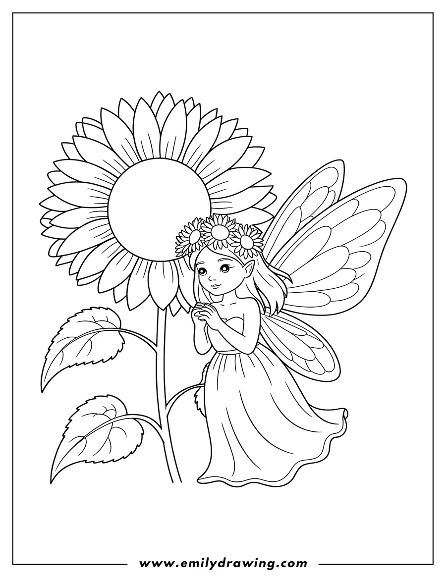 Outline of a fairy with a flower crown standing next to a large sunflower.