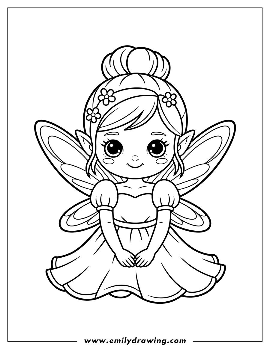 Outline of a fairy with wings and a dress.