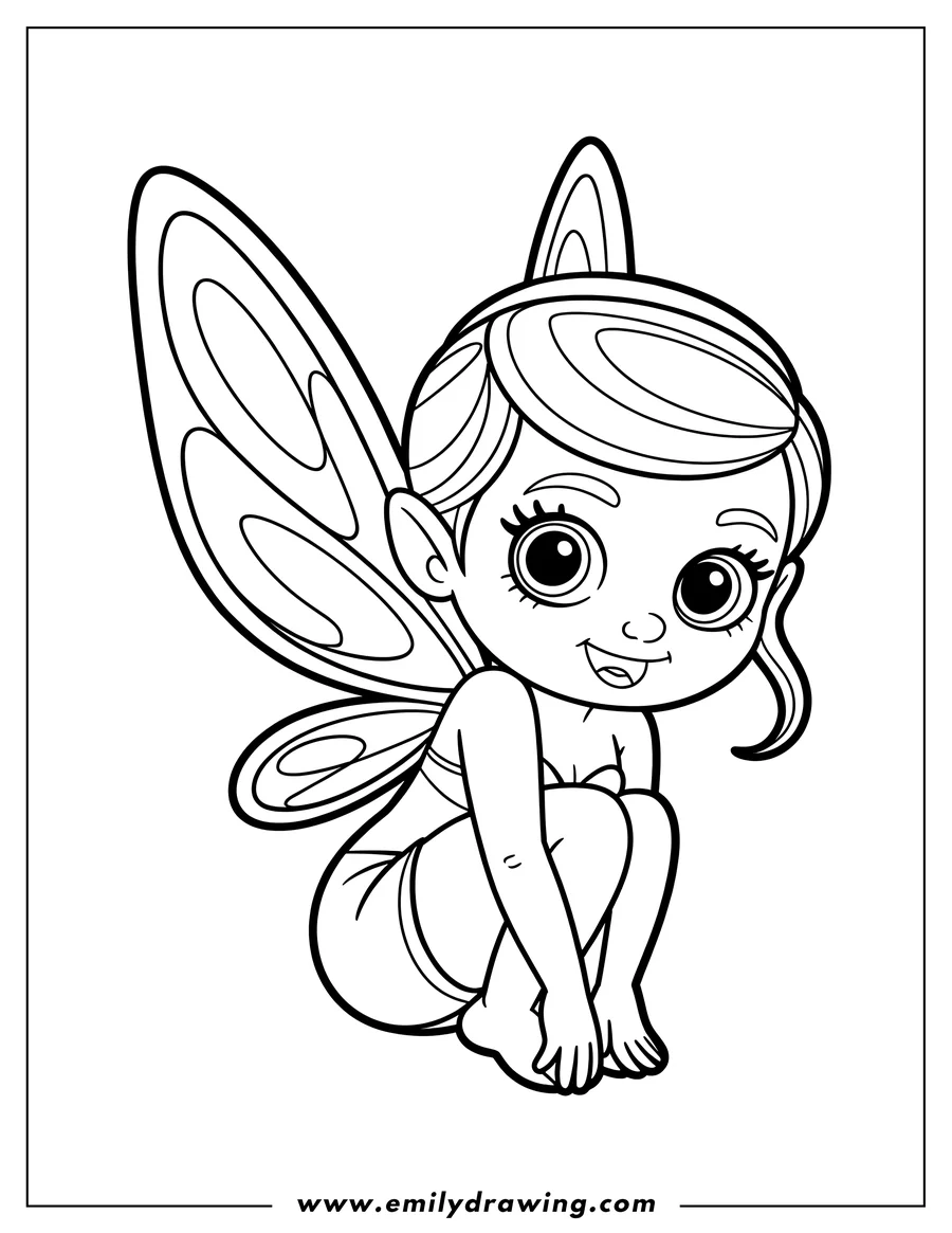 Outline of a fairy with large wings crouching down, looking forward
