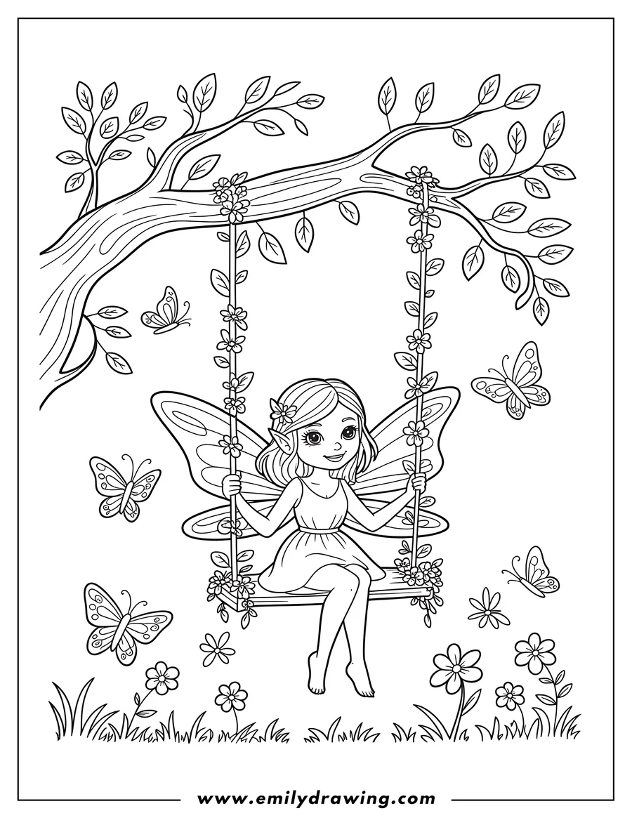 Outline of a fairy with wings sitting on a swing decorated with flowers, under a tree branch, with butterflies and flowers around her.