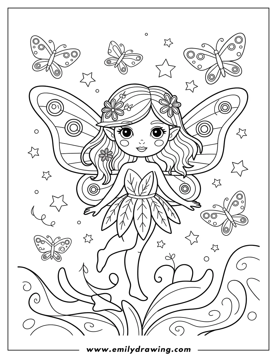 Outline of a fairy with large wings and flowers in her hair, flying amongst stars and butterflies.