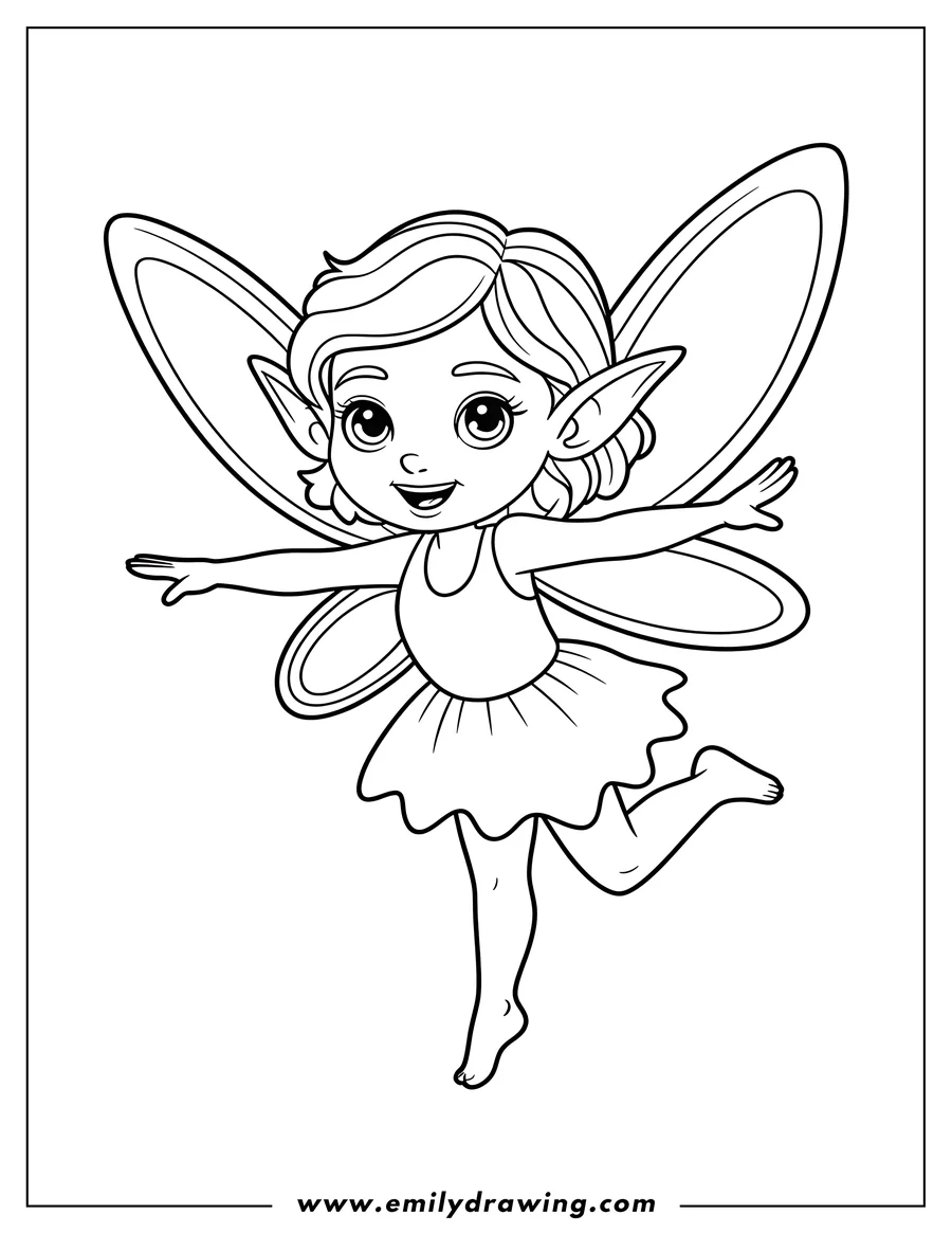 Outline of a fairy with large wings, flying with her arms outstretched. She's wearing a short, petal-edged dress.