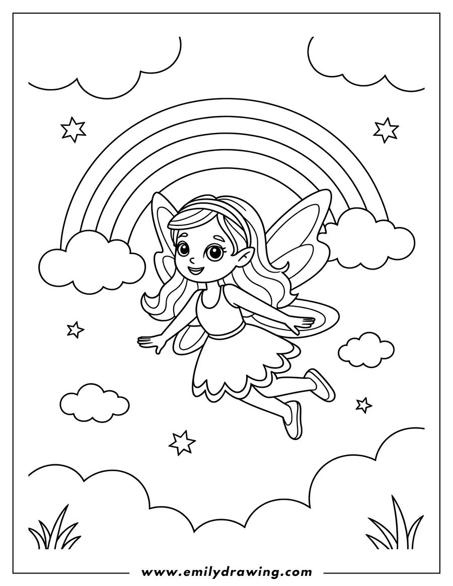 Outline of a fairy with wings flying near a rainbow, with clouds and stars around her.