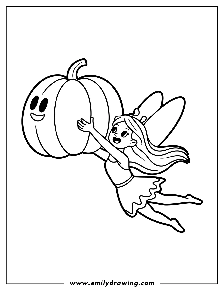 Line art of a fairy holding a large, smiling pumpkin while flying. She has wings and long hair, and she appears to be joyfully carrying the pumpkin.