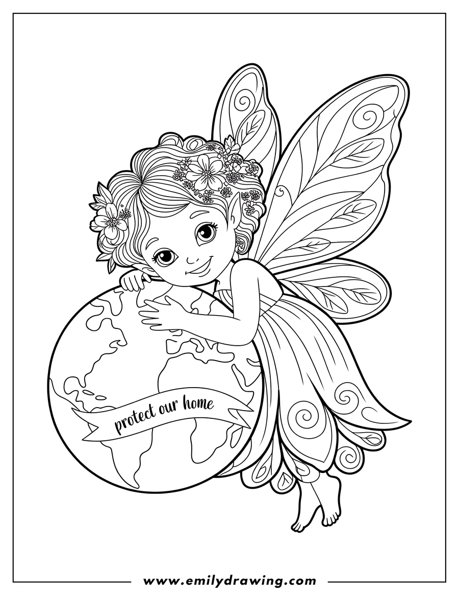 Line art of a fairy with large wings and flowers in her hair, hugging the Earth. A ribbon across the globe reads 'protect our home'.