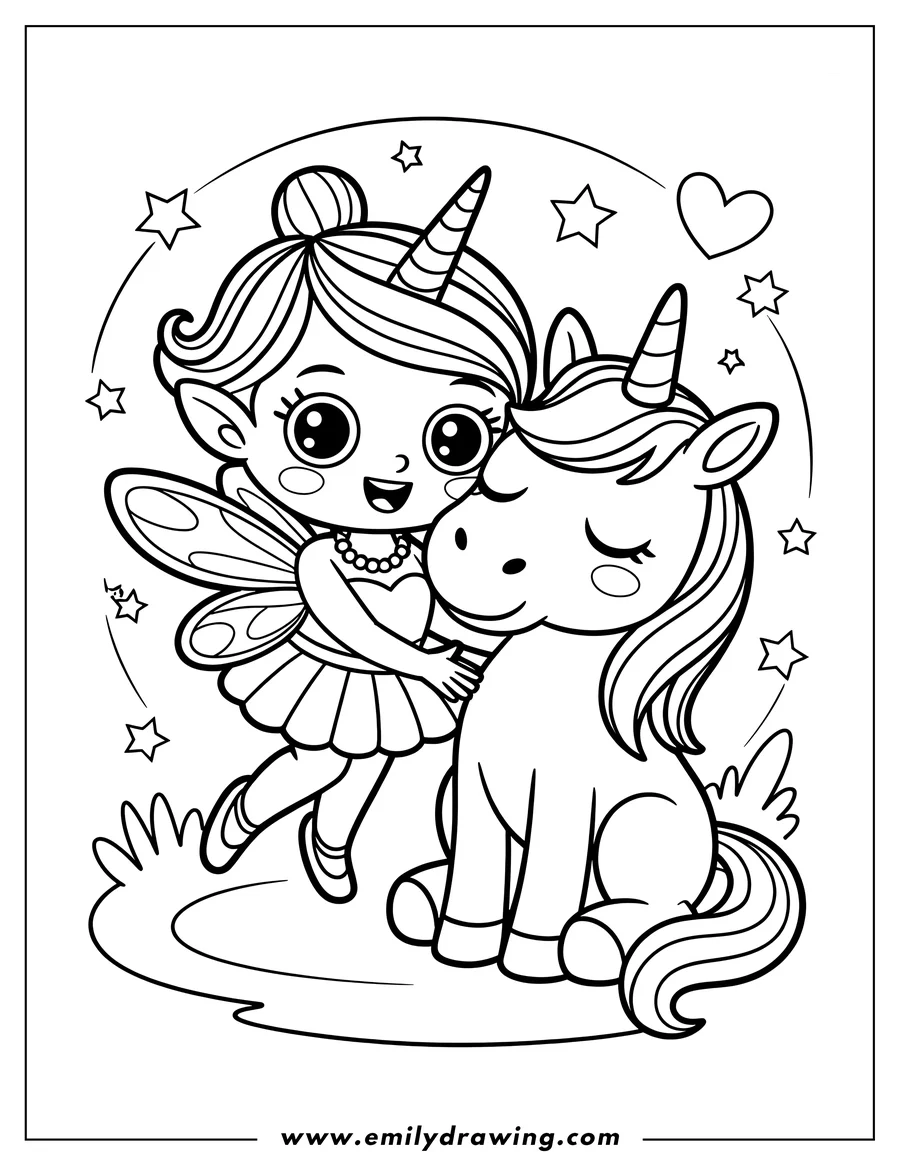 Outline of a fairy hugging a unicorn in a magical setting with stars and a heart.