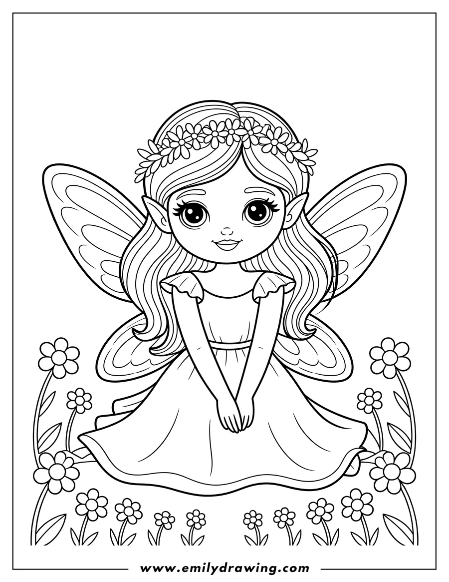 Outline of a fairy with large wings and a flower crown sitting in a field of simple flowers.