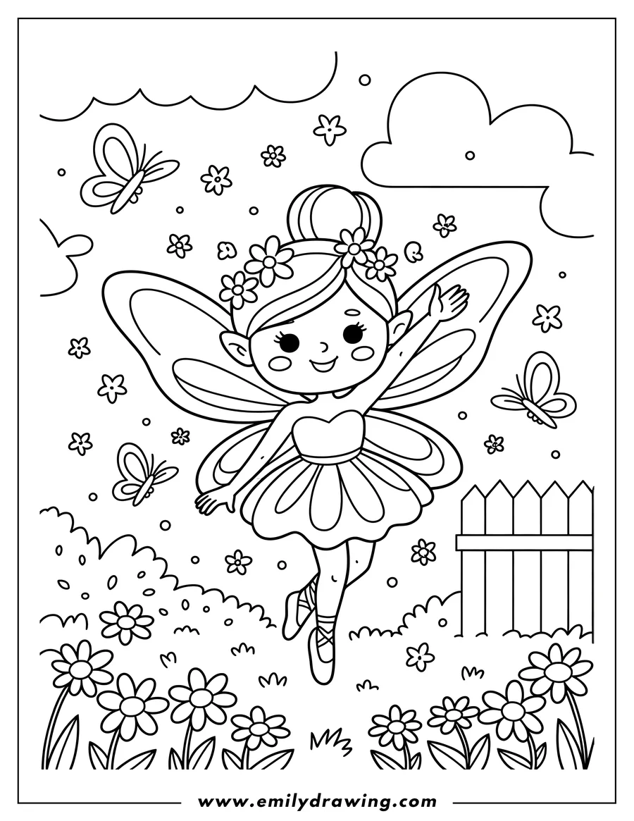 Line art of a fairy with flowers in her hair, twirling in a garden with butterflies and a wooden fence.