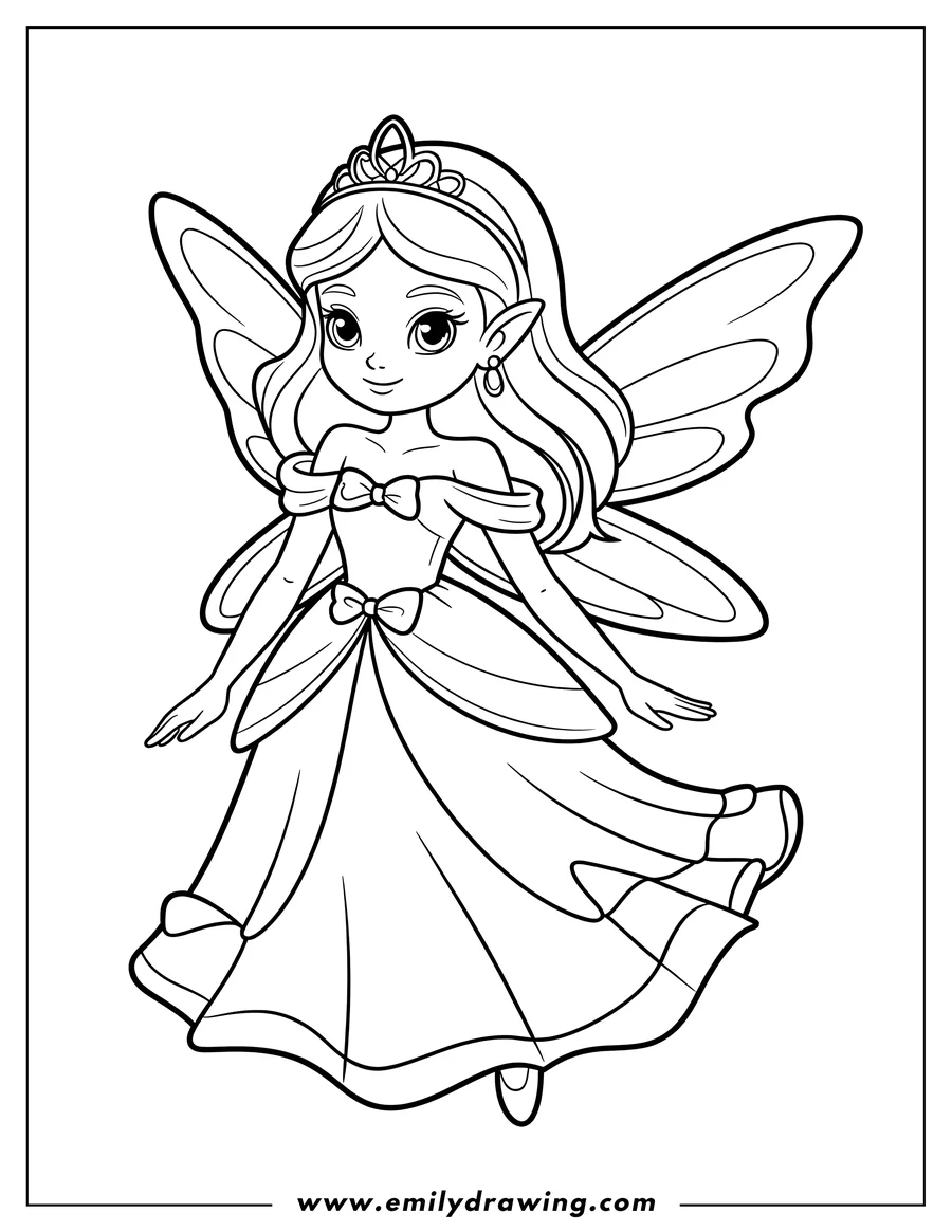Outline of a fairy wearing a long gown and a crown, with large wings.