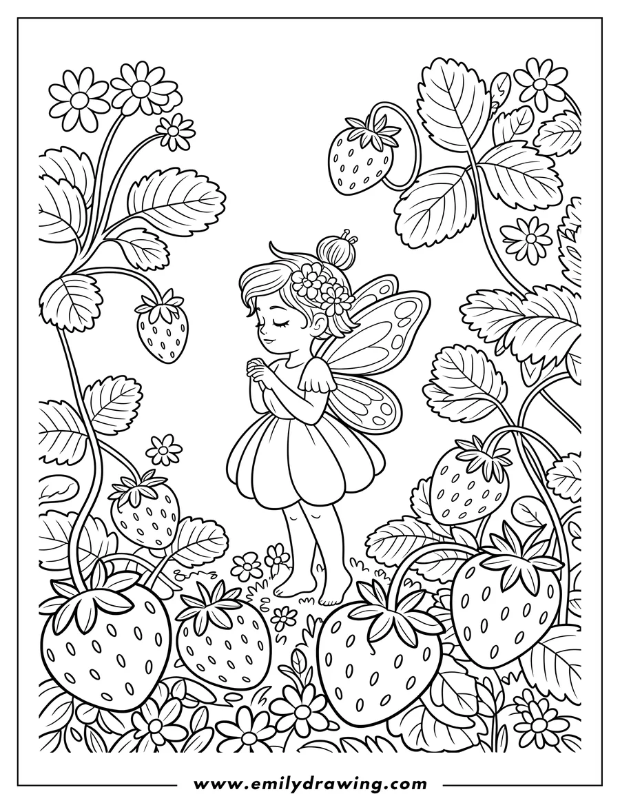 Line art of a fairy with butterfly wings standing in a strawberry patch. The fairy has flowers in her hair. She is surrounded by ripe strawberries, leaves, and small flowers.