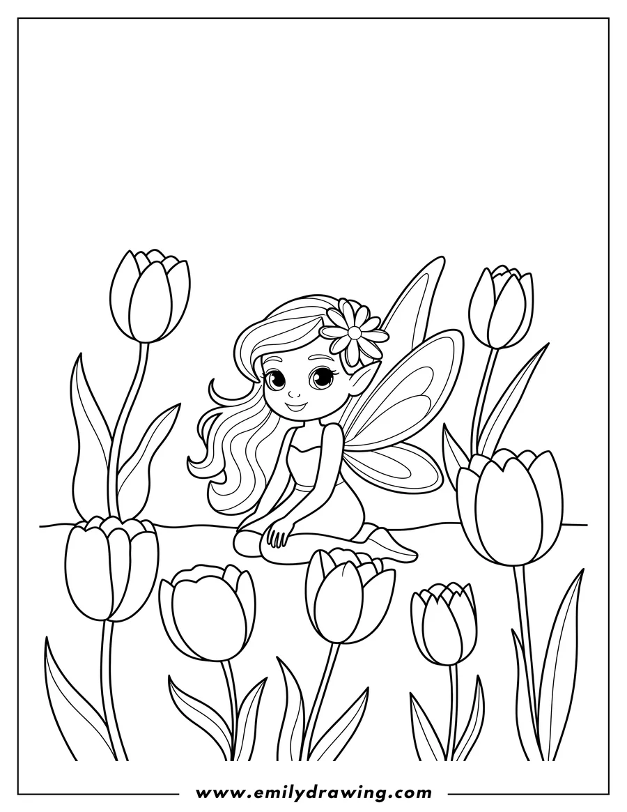 Outline of a small fairy sitting in a garden surrounded by tall tulips. She has a flower in her hair and delicate wings.