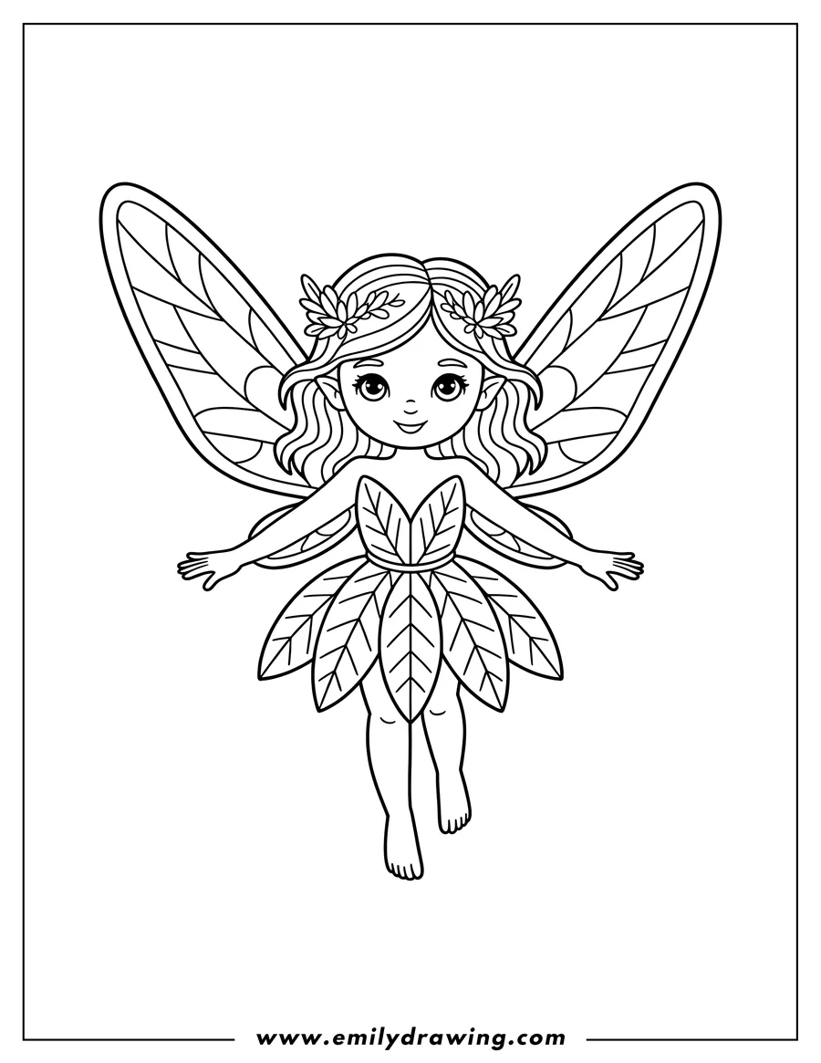 Line art of a fairy with a leaf dress and large wings. She wears flowers in her hair and has pointy ears.