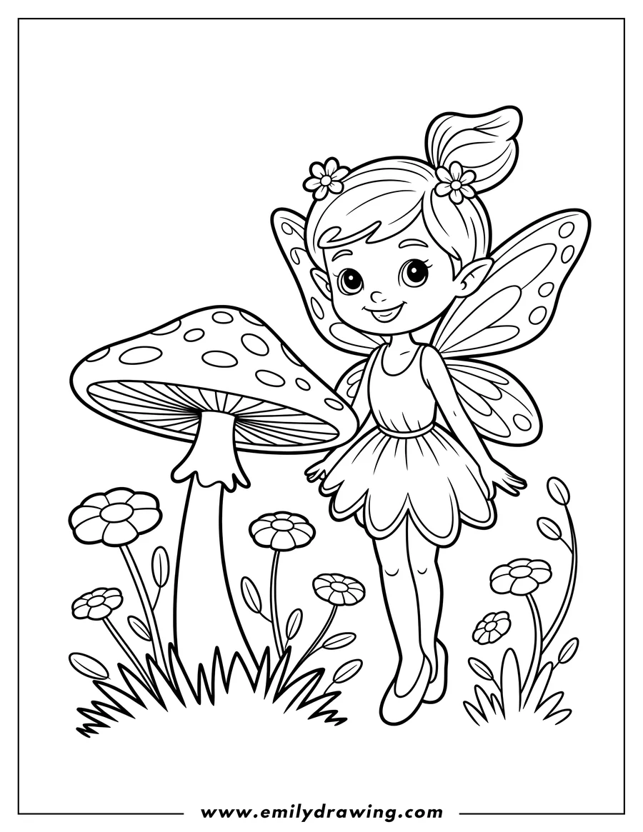Outline of a fairy with wings standing near a large spotted mushroom and small flowers in the grass.