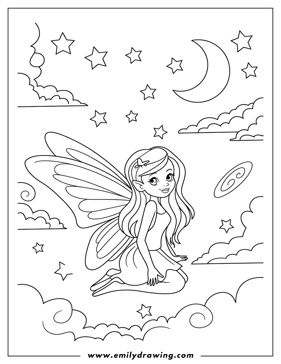 Outline of a fairy with large wings kneeling on a cloud, beneath a crescent moon and stars.