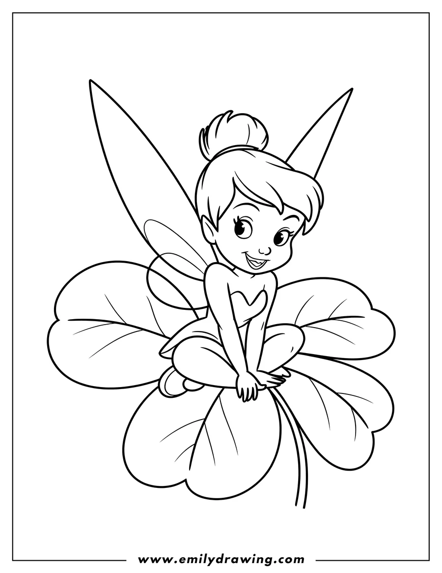 Outline of a fairy with wings sitting on a four-leaf clover.