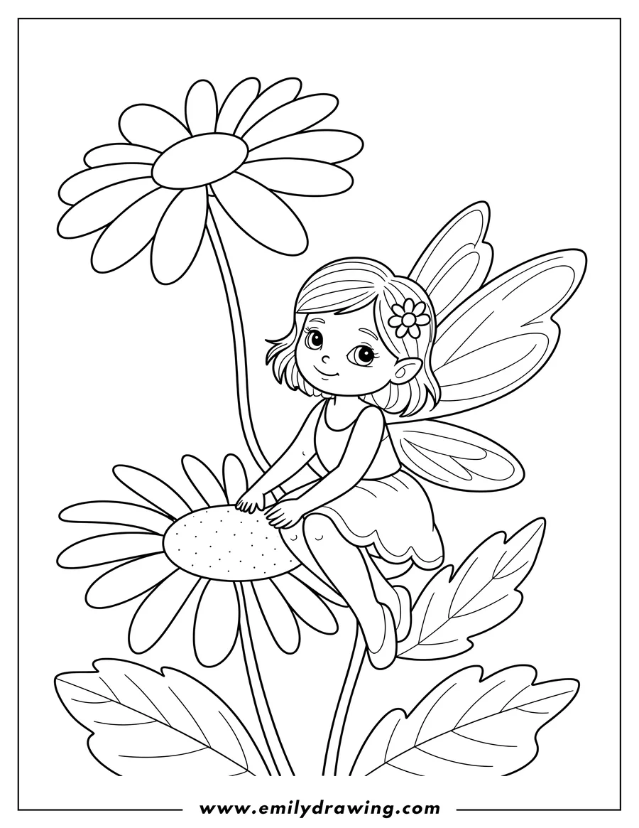 Line art of a small fairy sitting on a large daisy flower. The fairy has wings and a flower in her hair.