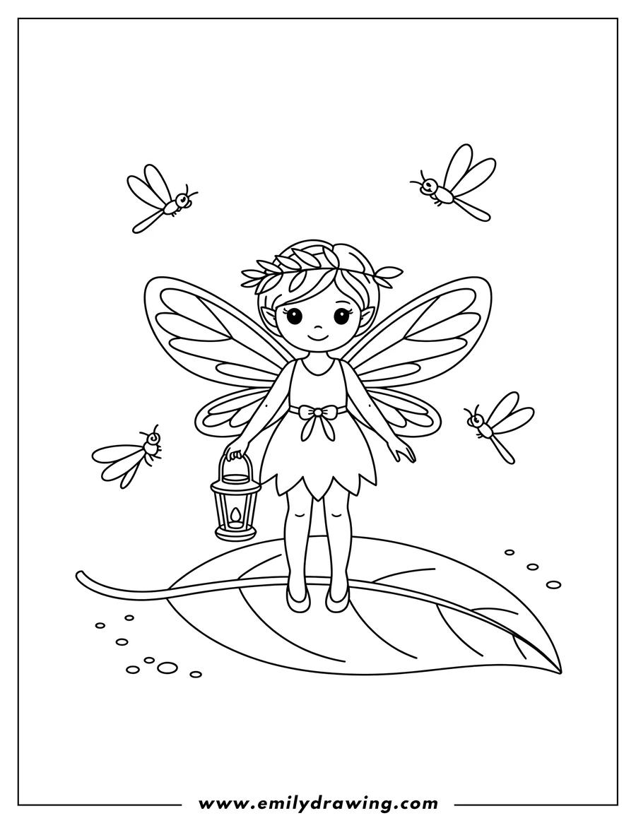 Outline of a fairy standing on a large leaf, holding a lantern. Four dragonflies surround her.