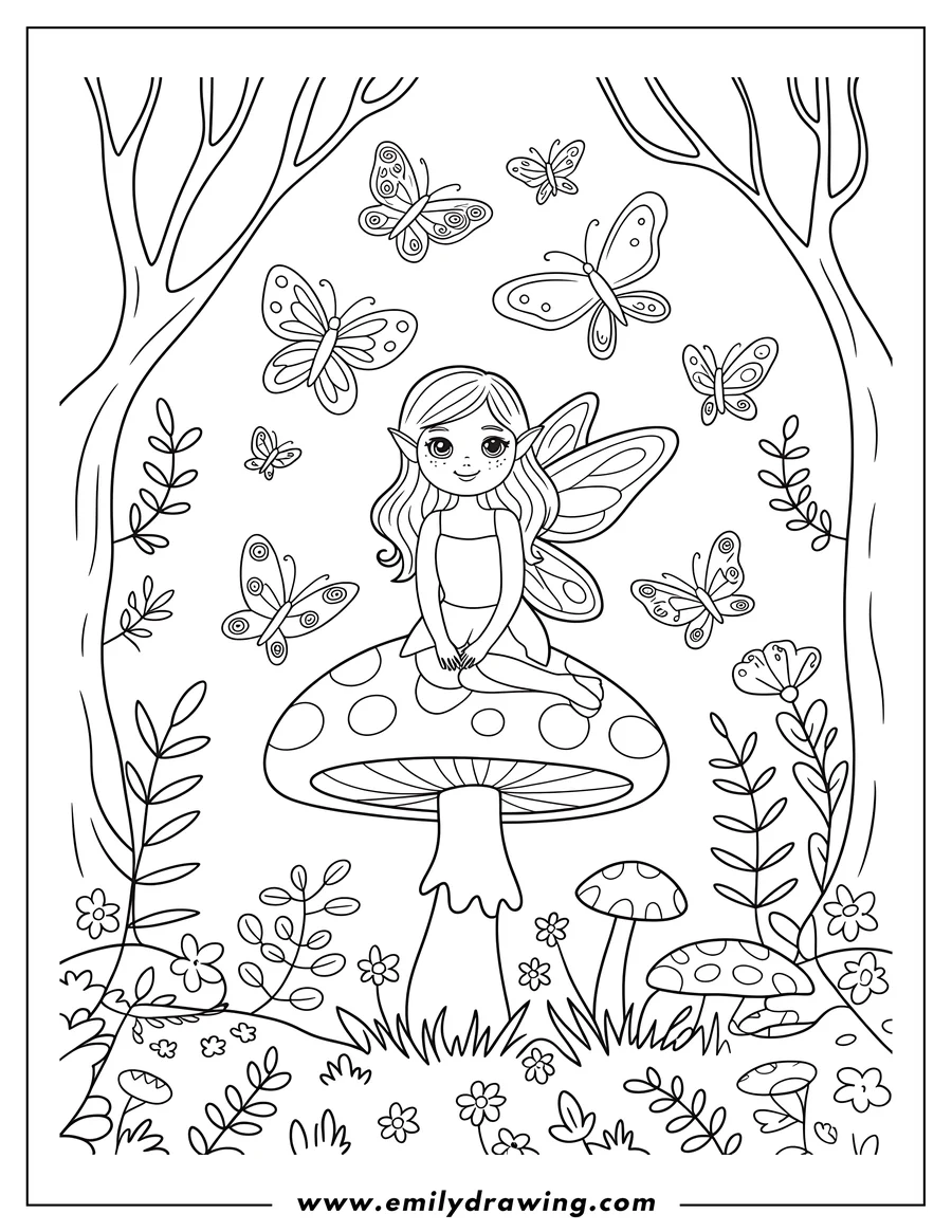 Outline of a fairy with wings sitting on a large mushroom in a forest clearing, surrounded by butterflies.