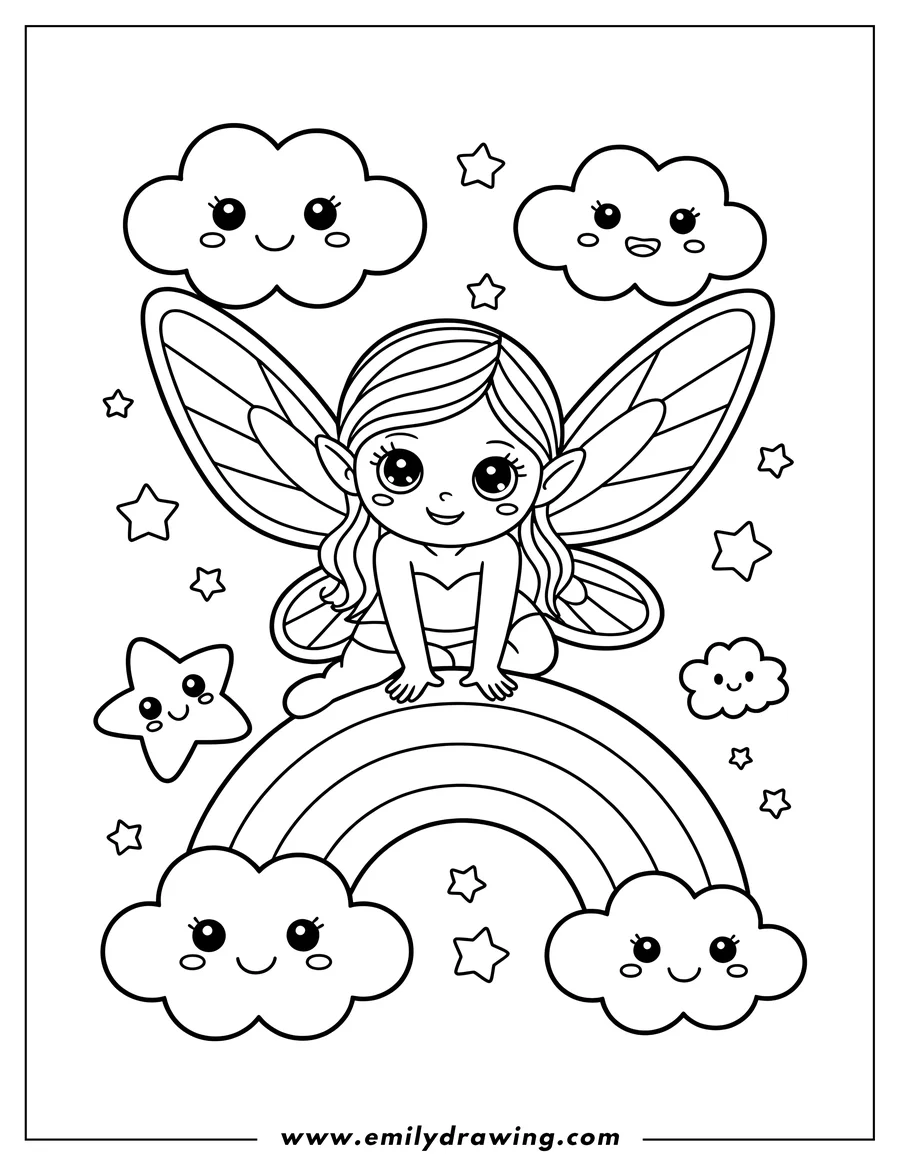 Outline of a fairy with large wings sitting on a rainbow. Smiling clouds and stars surround her.