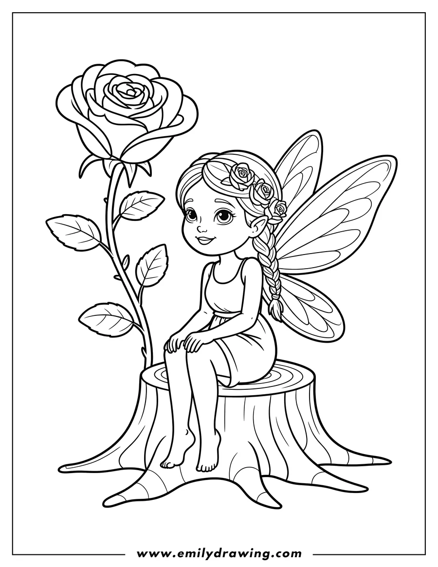 Outline of a fairy with wings and a braided hairstyle sitting on a tree stump with a large rose nearby.
