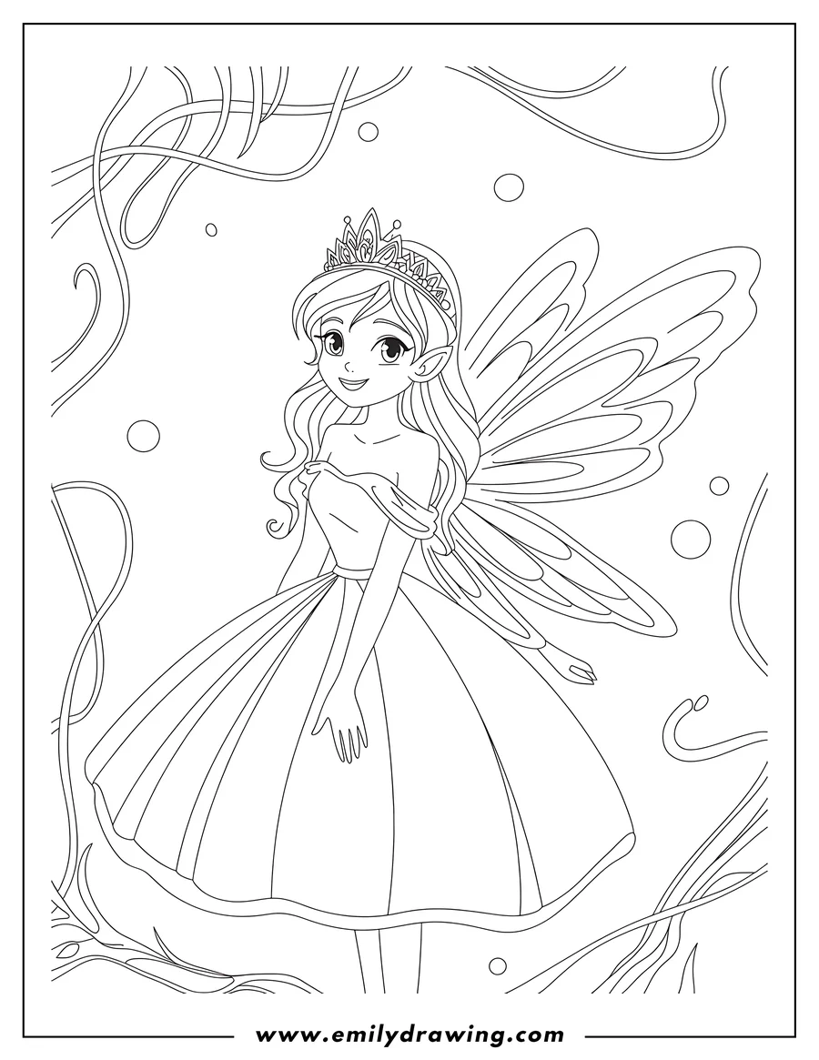 Outline of a fairy princess with large wings and a crown wearing a long dress.