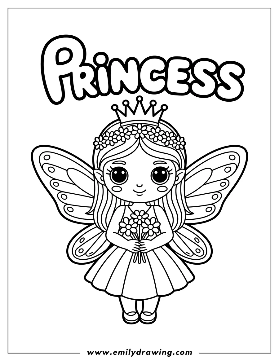 Outline of a fairy princess holding a bouquet of flowers. She wears a crown and a floral head wreath and has large butterfly wings.
