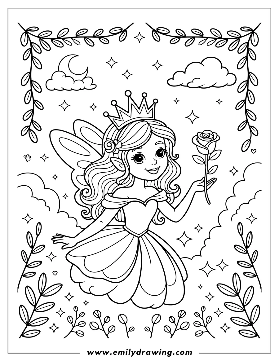 Outline of a fairy princess holding a rose. She wears a crown and a flowing gown, with wings on her back. The background features stars, clouds, and leafy branches.