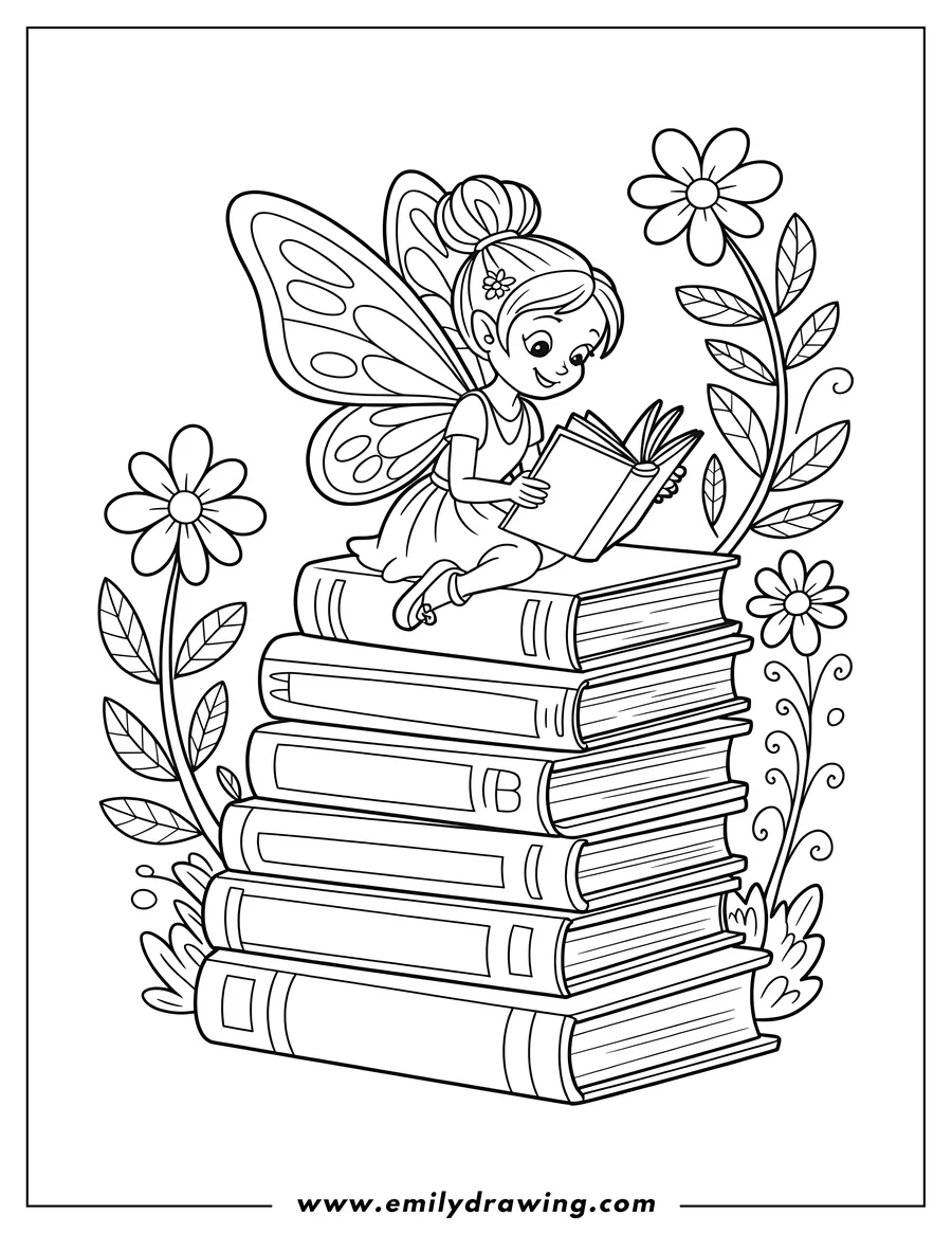 Outline of a fairy sitting on a stack of books and reading. Flowers frame the fairy and books, creating a cozy scene.