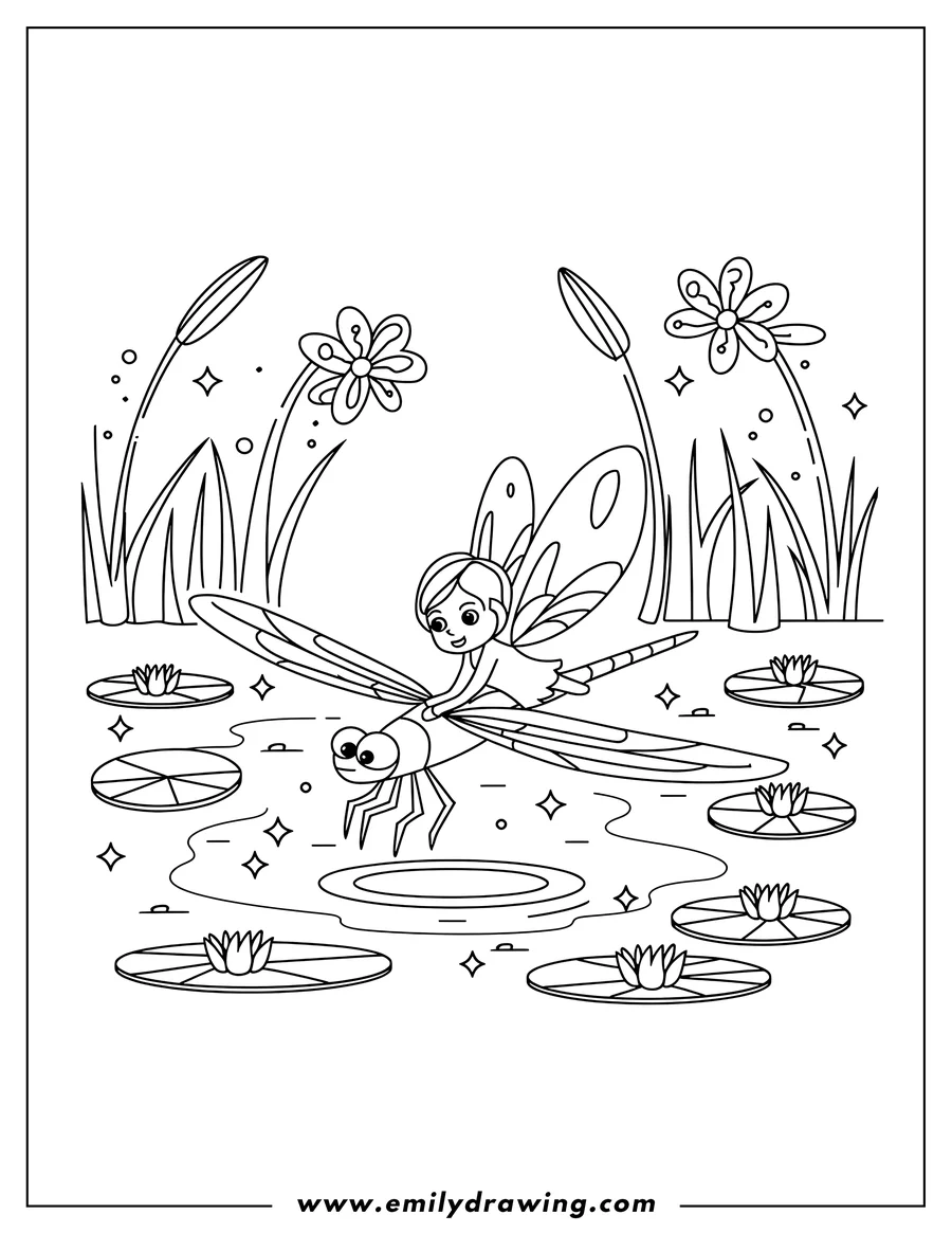 Outline of a fairy riding a dragonfly over a pond with lily pads.
