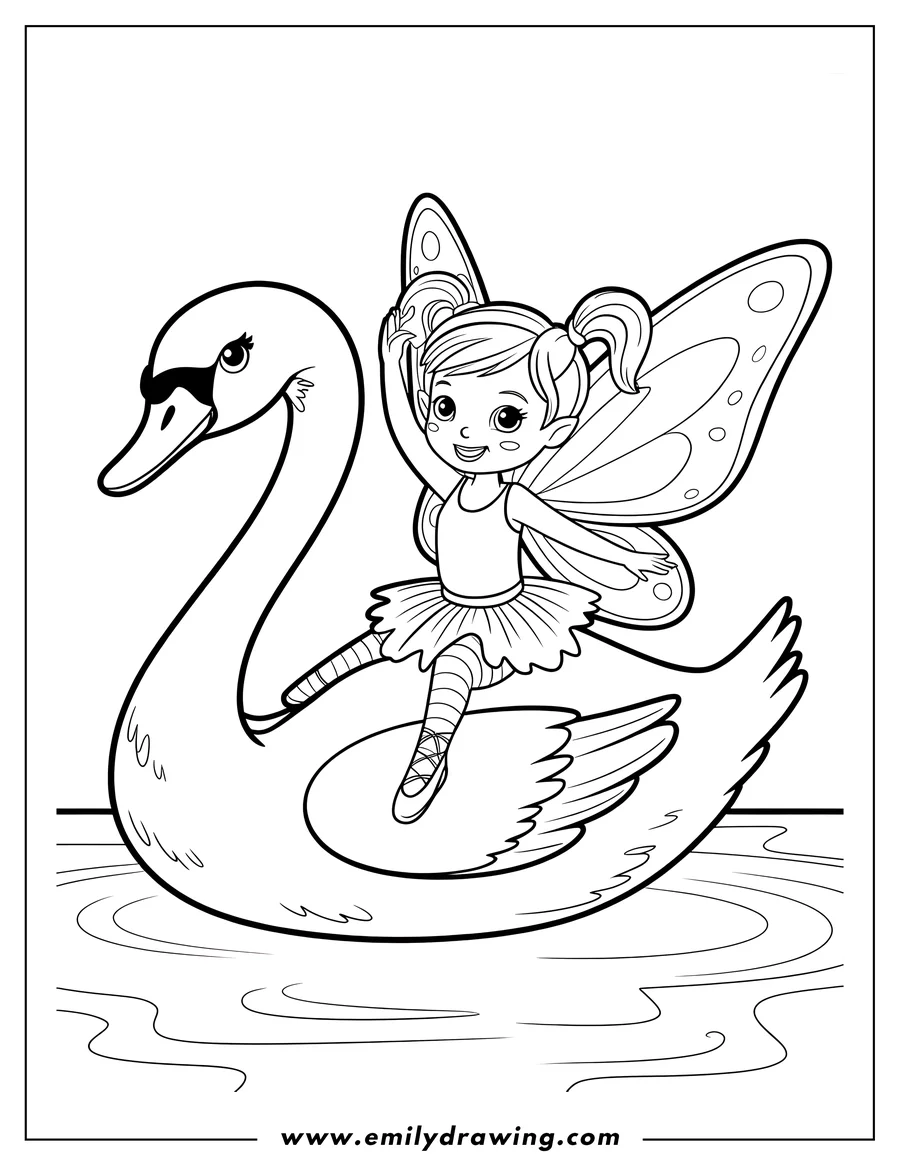 Outline of a fairy with wings riding on a swan in the water.